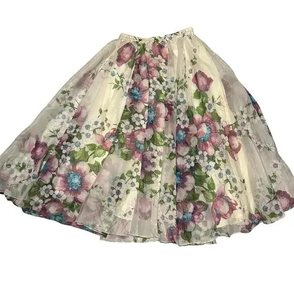 Vintage 70s Romantic Floral Maxi Skirt Pink Purple Sheer Overlay Small - Picture 5 of 5